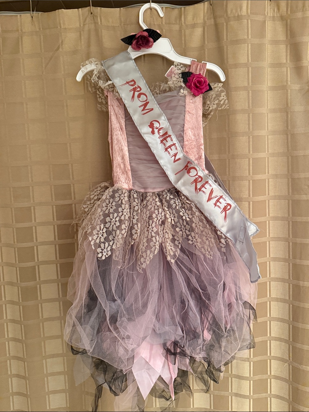 Girls Prom Queen Costume Dress with Sash - Pink Lace & Tulle